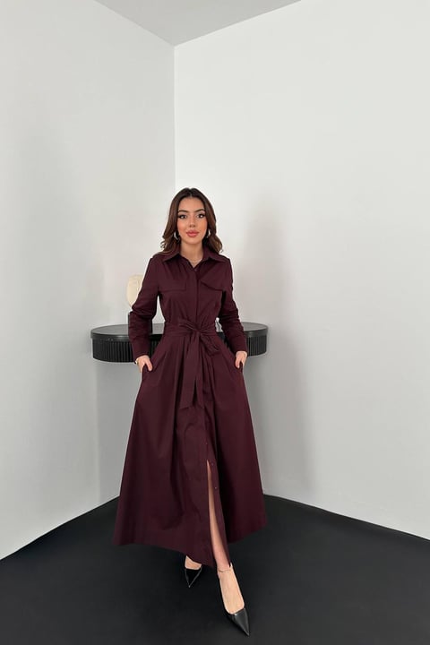 PLUM BUTTON-DOWN POPLIN MIDI DRESS