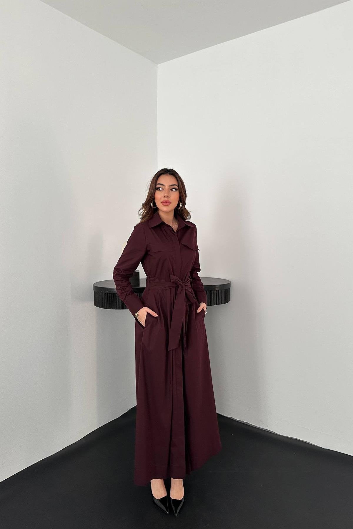 PLUM BUTTON-DOWN POPLIN MIDI DRESS