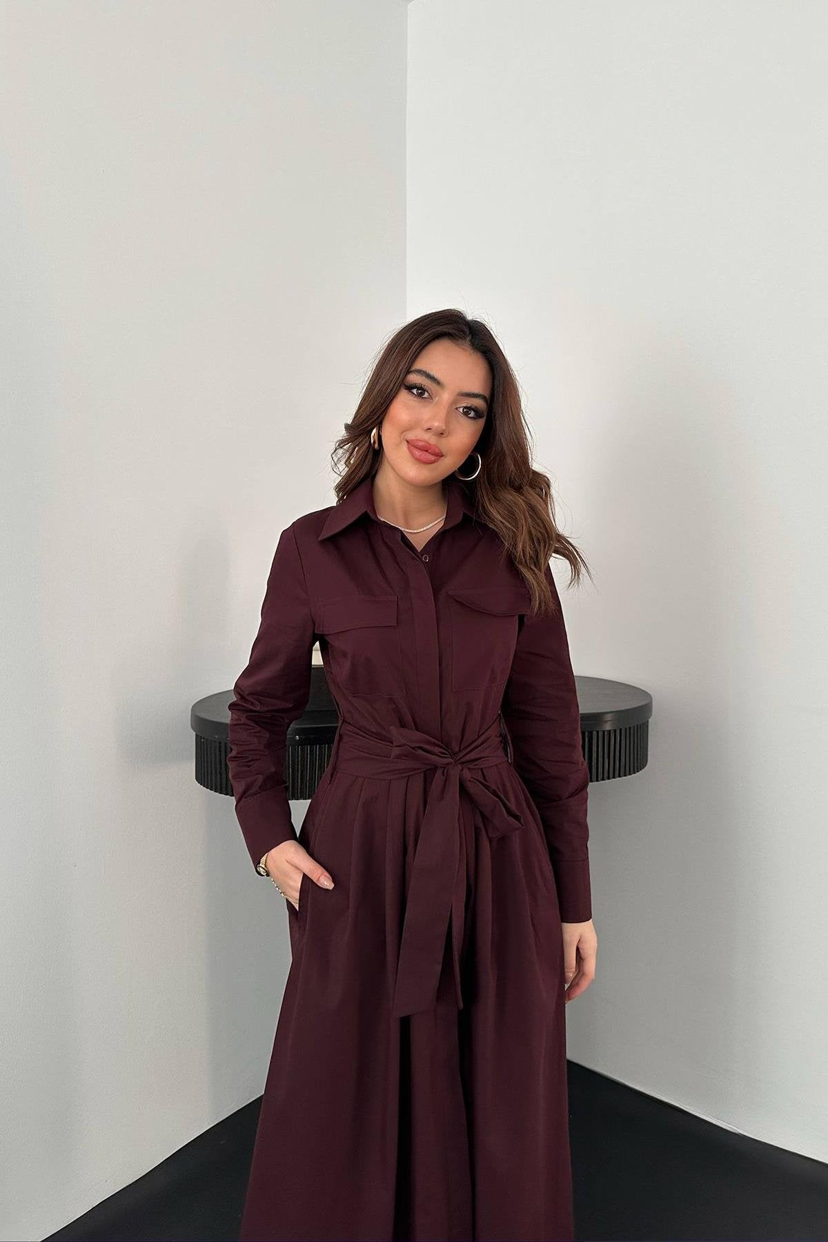 PLUM BUTTON-DOWN POPLIN MIDI DRESS