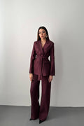 PLUM GLOSSY BELTED TWO-PIECE SUIT