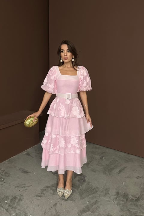 PINK BALLOON SLEEVE LAYERED MAXI DRESS