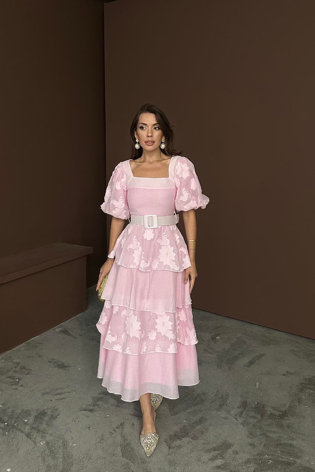 PINK BALLOON SLEEVE LAYERED MAXI DRESS
