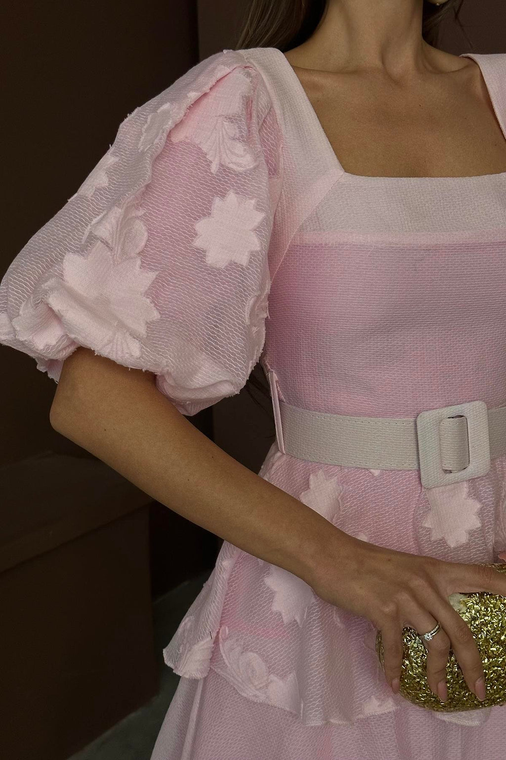 PINK BALLOON SLEEVE LAYERED MAXI DRESS
