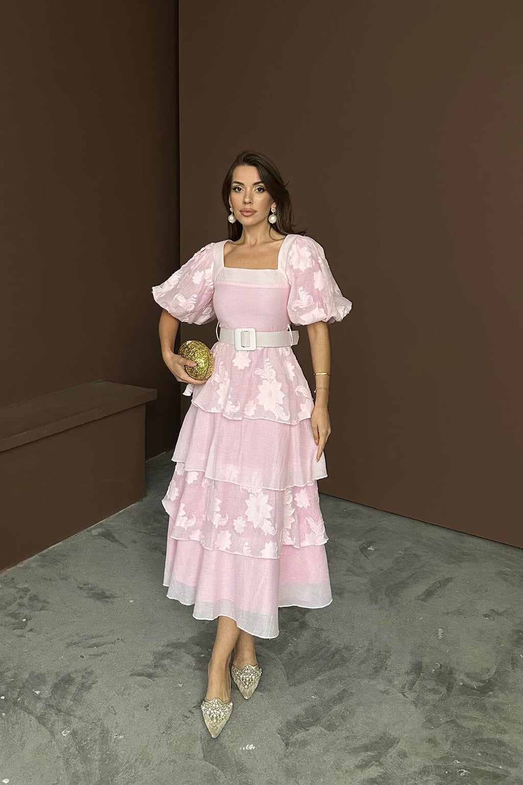 PINK BALLOON SLEEVE LAYERED MAXI DRESS