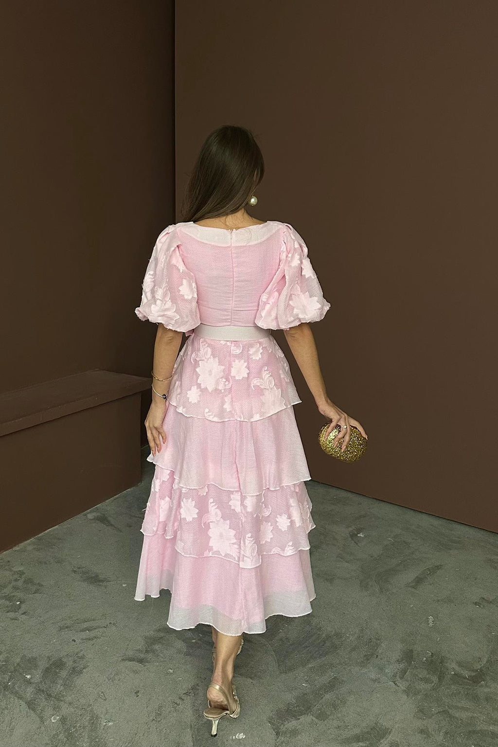 PINK BALLOON SLEEVE LAYERED MAXI DRESS