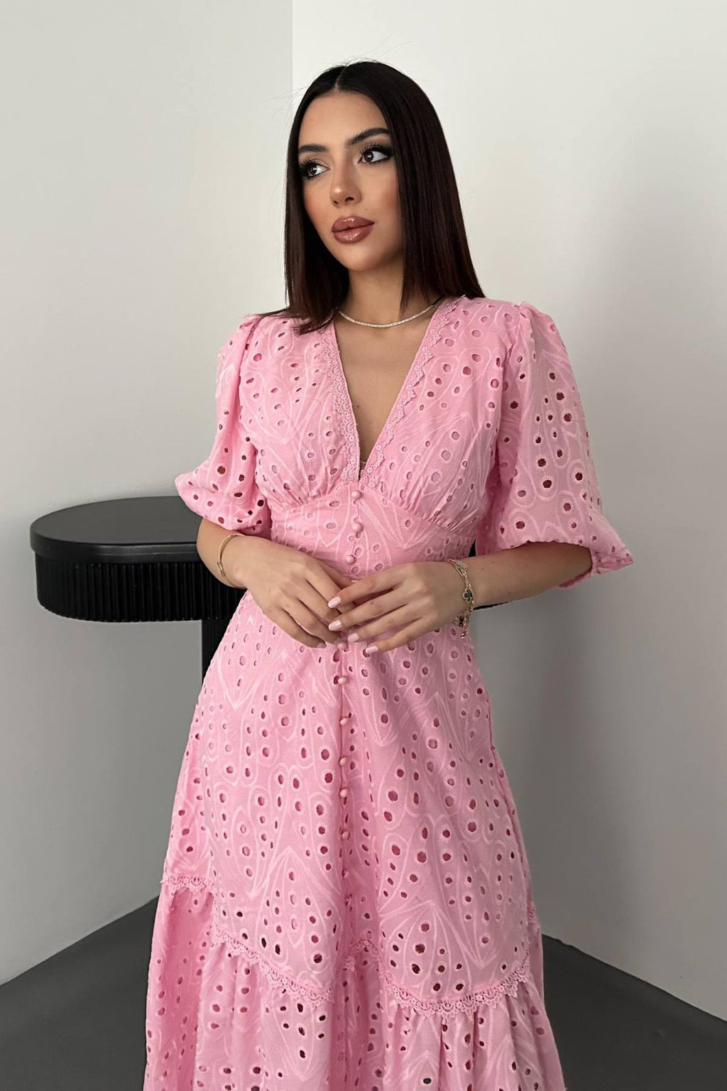 PINK LACE EMBROIDERED MAXI DRESS