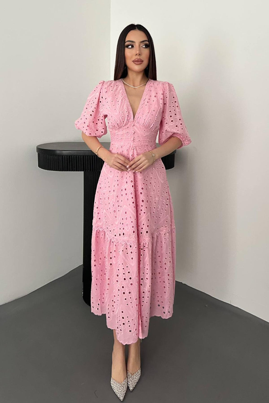 PINK LACE EMBROIDERED MAXI DRESS