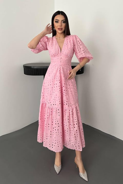 PINK LACE EMBROIDERED MAXI DRESS