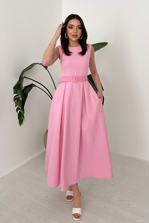 PINK HALTER NECK FLARED MAXI DRESS