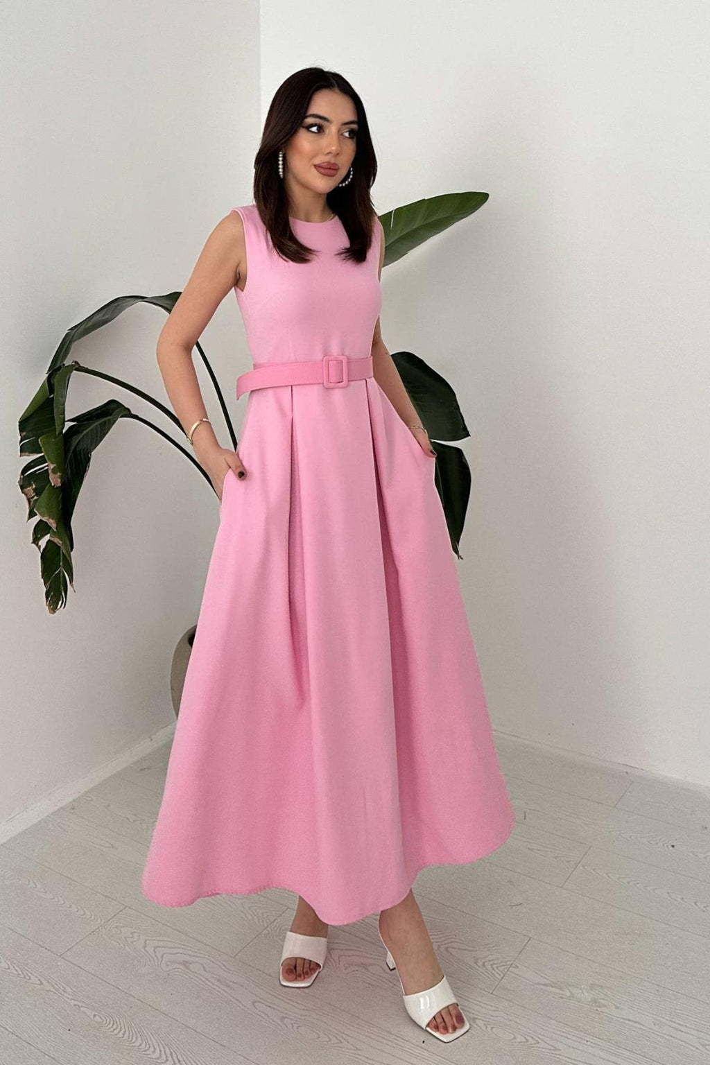 PINK HALTER NECK FLARED MAXI DRESS