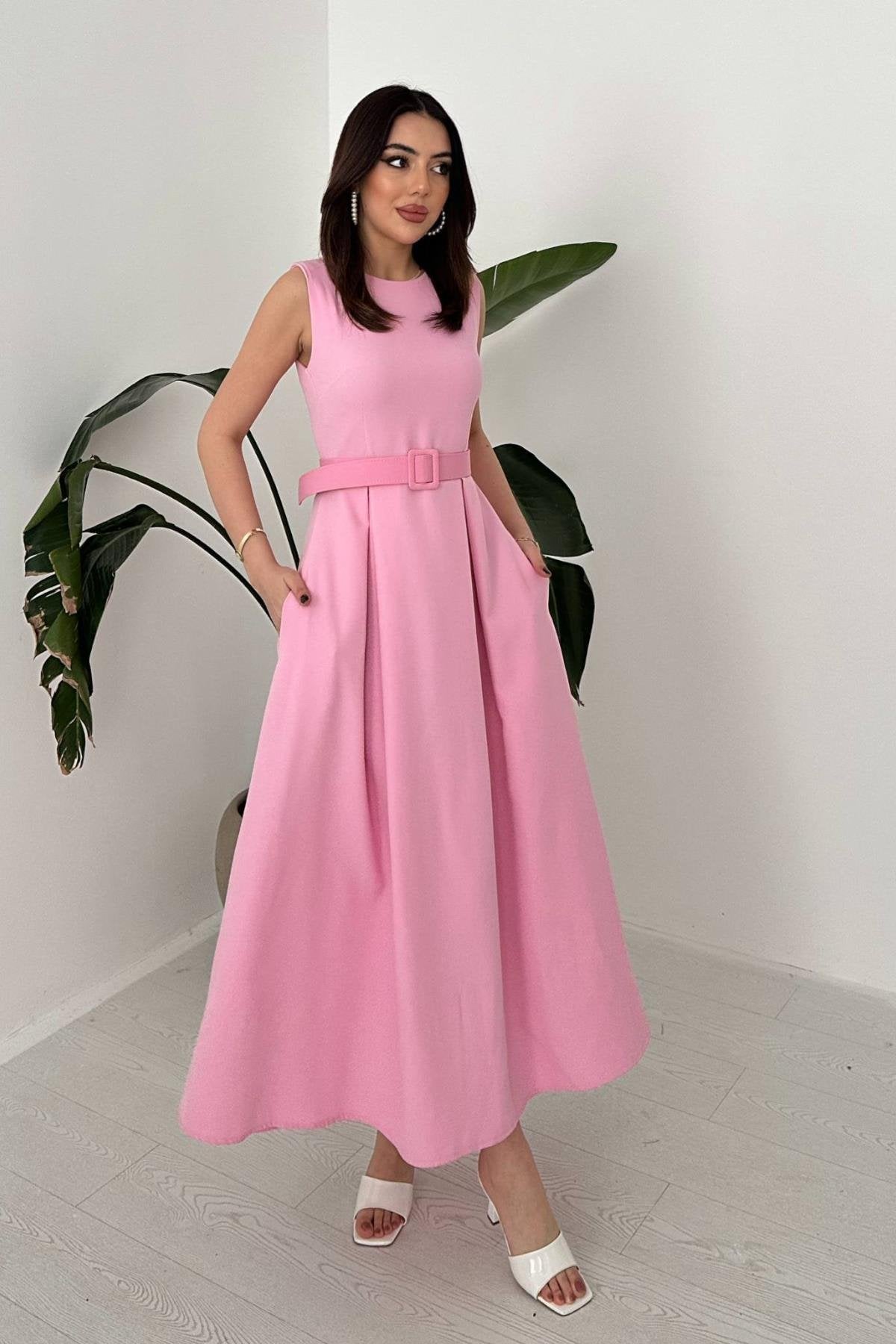 PINK HALTER NECK FLARED MAXI DRESS