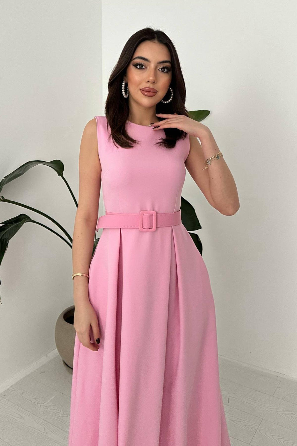 PINK HALTER NECK FLARED MAXI DRESS