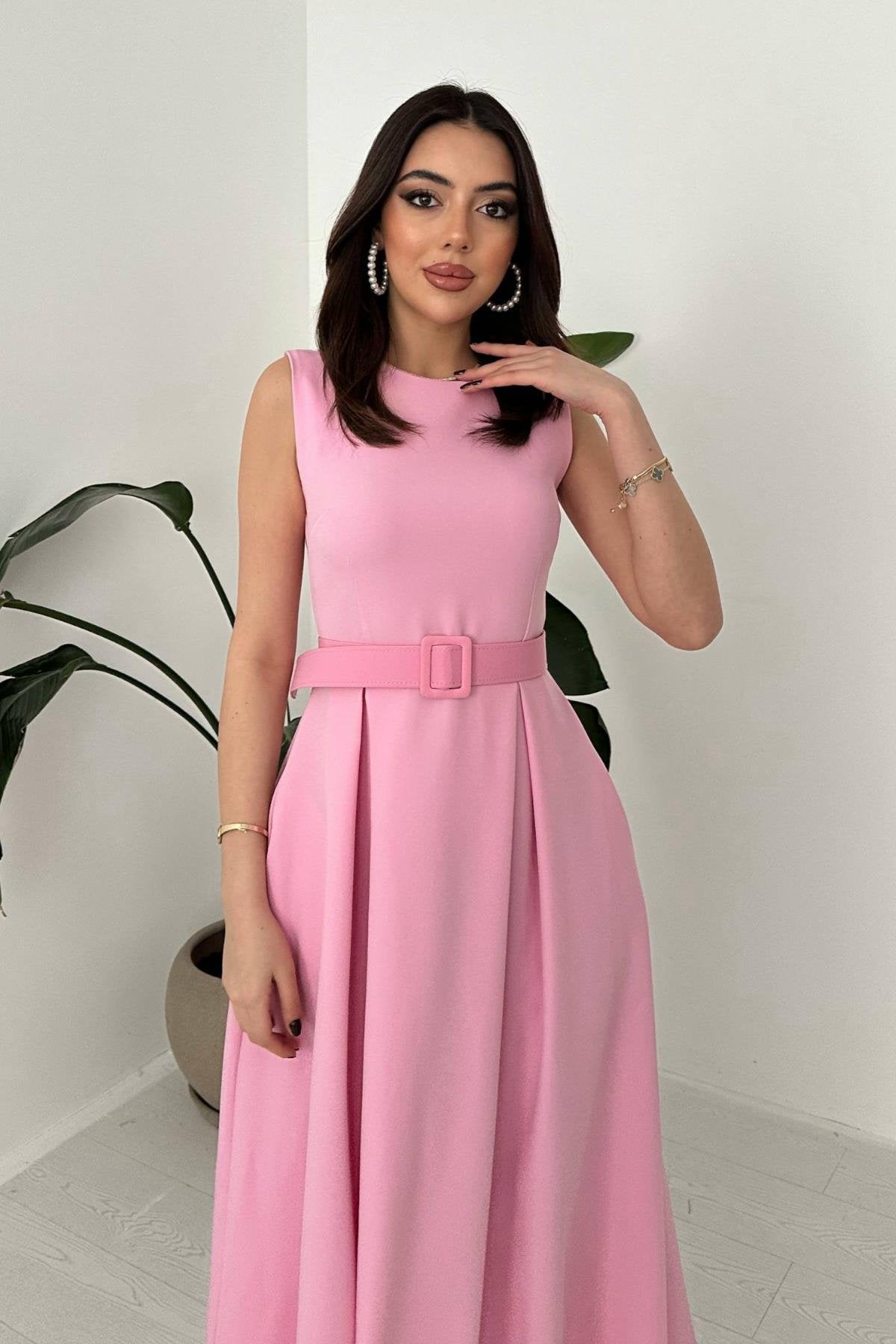 PINK HALTER NECK FLARED MAXI DRESS