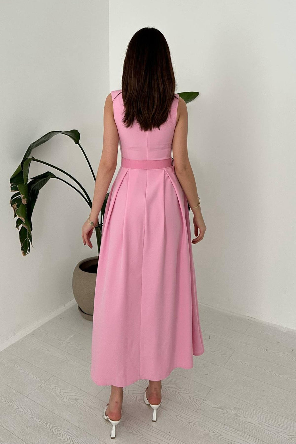 PINK HALTER NECK FLARED MAXI DRESS