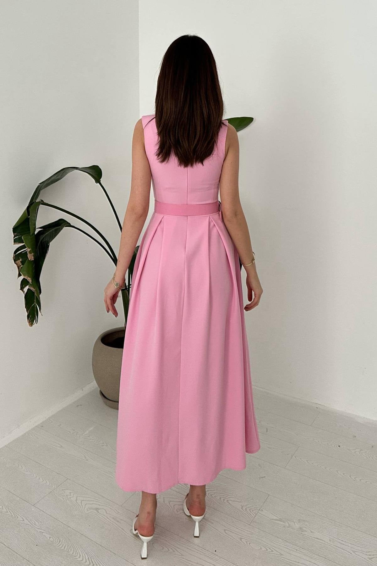 PINK HALTER NECK FLARED MAXI DRESS