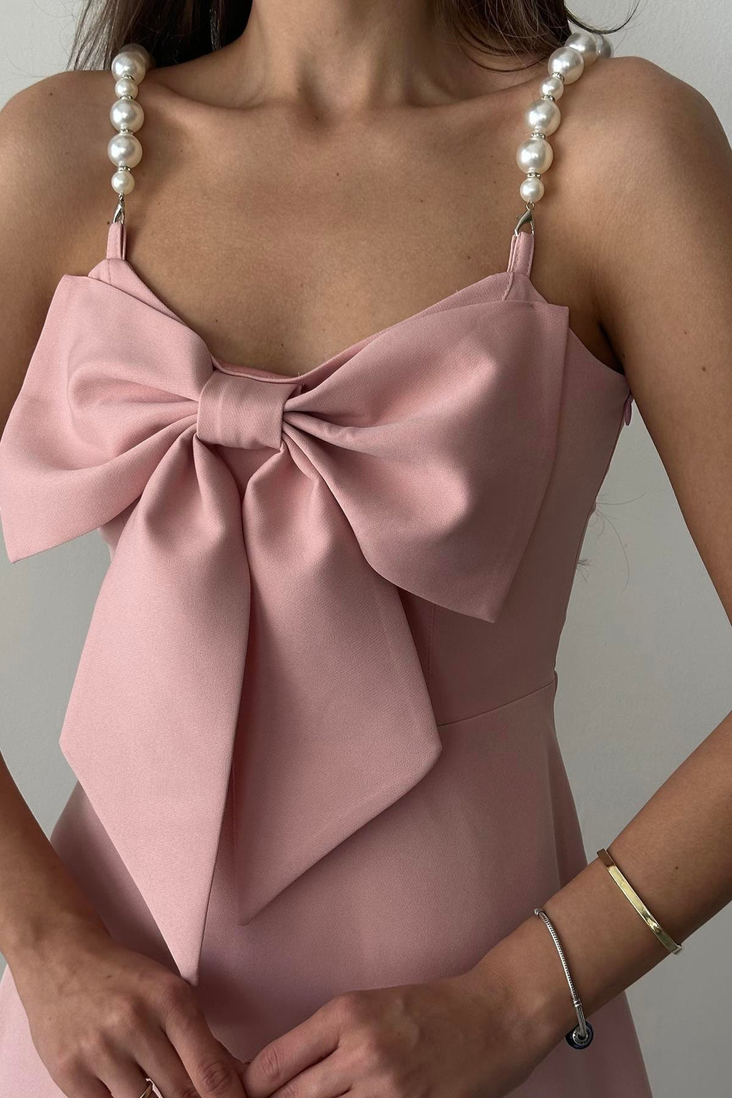 PINK DRESS WITH PEARL STRAP DETAIL