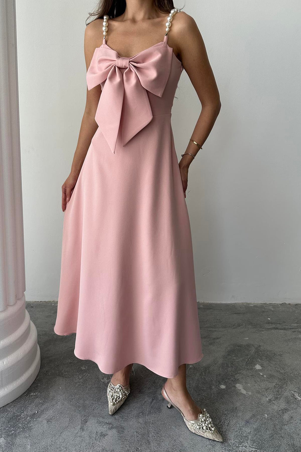 PINK DRESS WITH PEARL STRAP DETAIL
