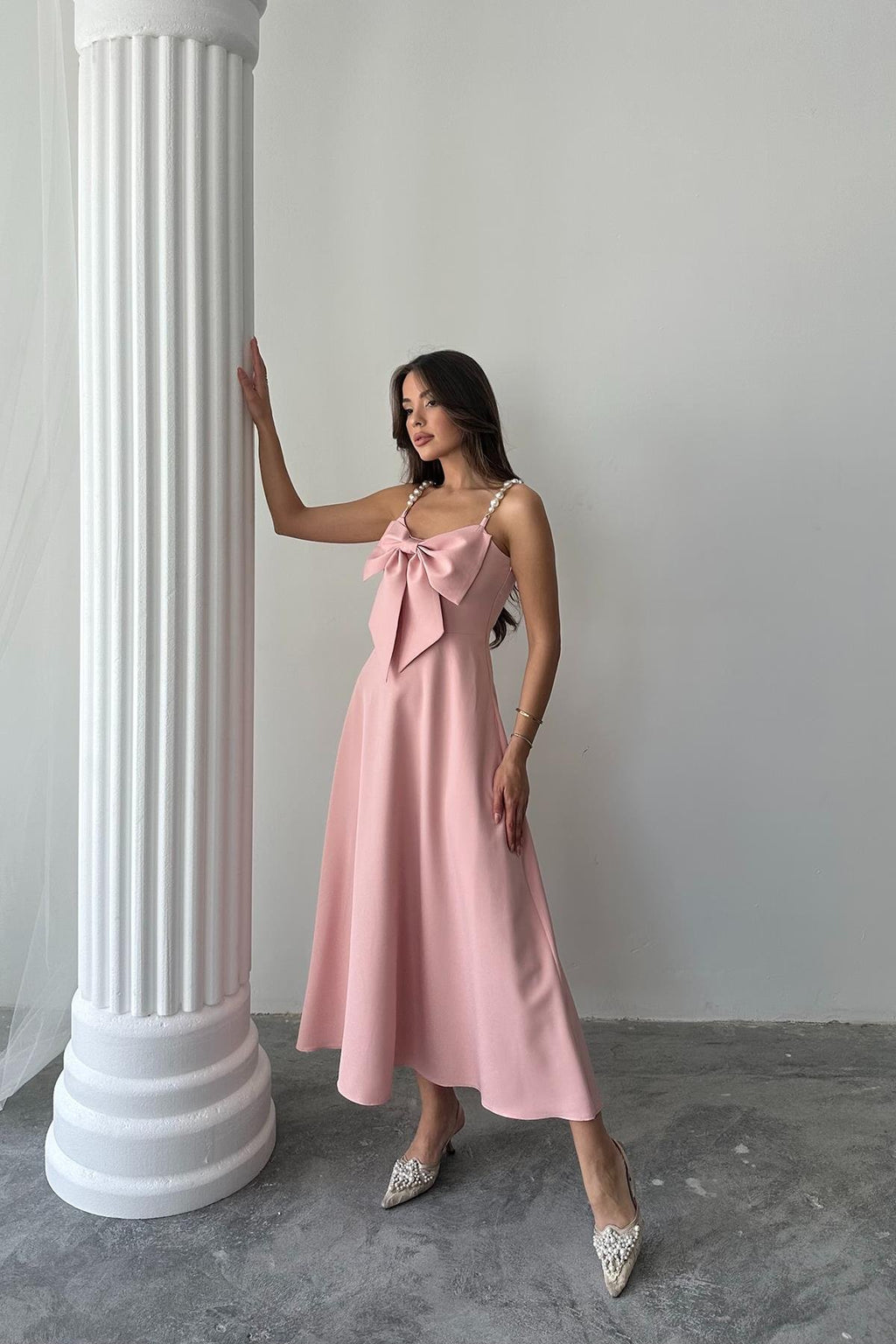 PINK DRESS WITH PEARL STRAP DETAIL