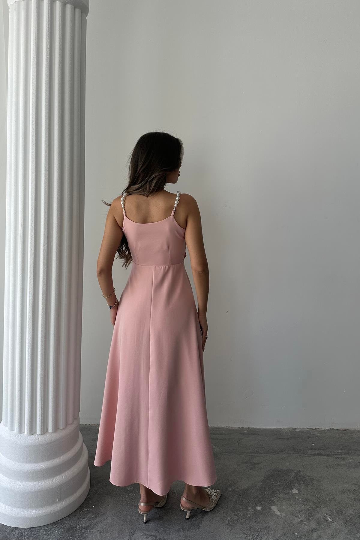 PINK DRESS WITH PEARL STRAP DETAIL