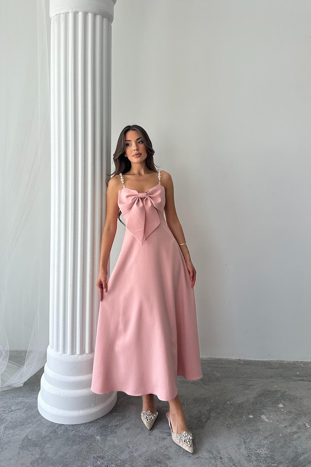 PINK DRESS WITH PEARL STRAP DETAIL