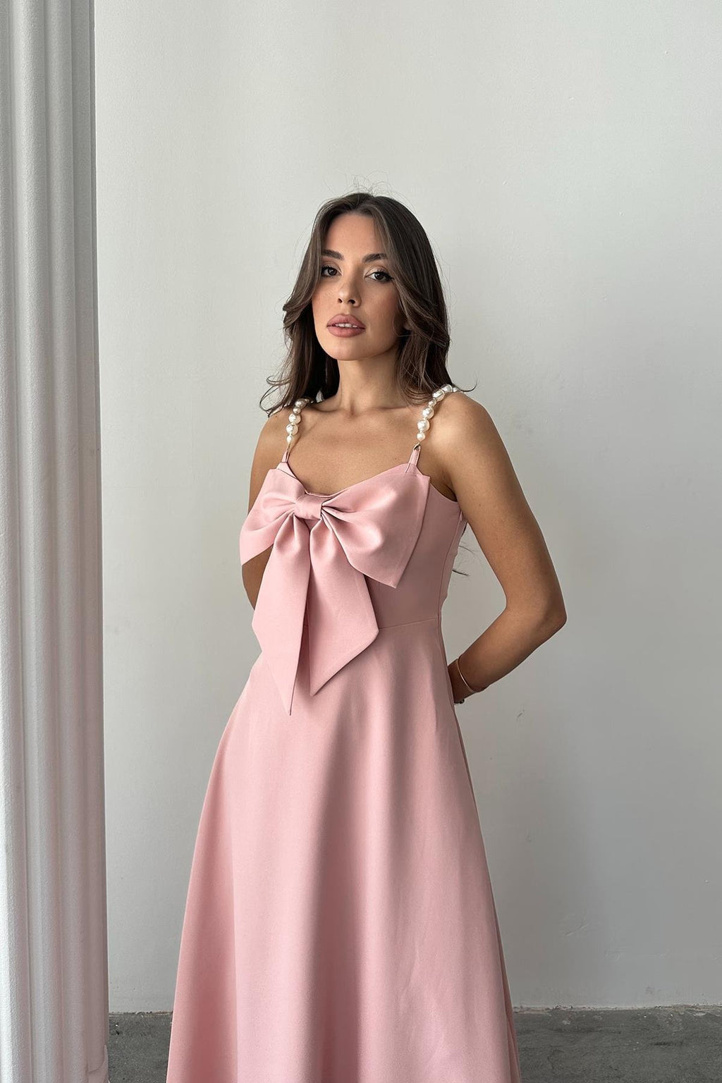 PINK DRESS WITH PEARL STRAP DETAIL