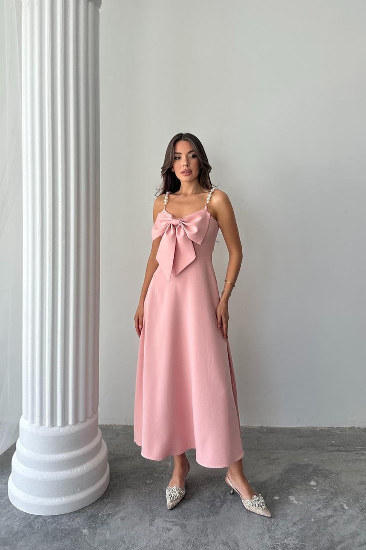 PINK DRESS WITH PEARL STRAP DETAIL