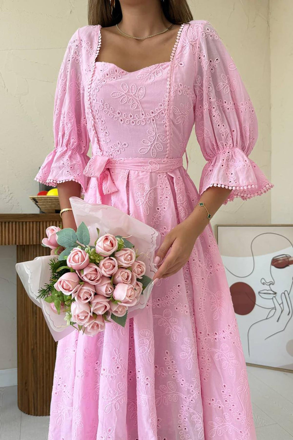 PINK EMBROIDERED MAXI DRESS WITH ELASTIC SLEEVES