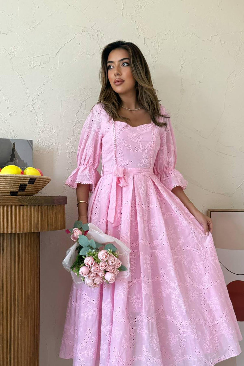 PINK EMBROIDERED MAXI DRESS WITH ELASTIC SLEEVES