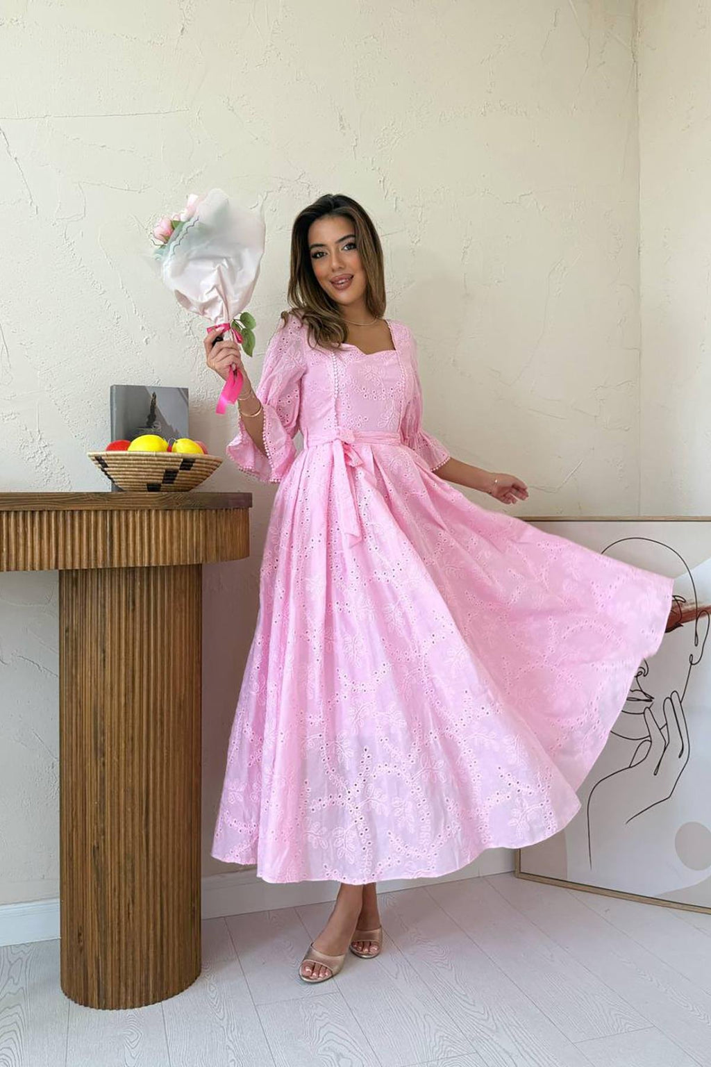 PINK EMBROIDERED MAXI DRESS WITH ELASTIC SLEEVES
