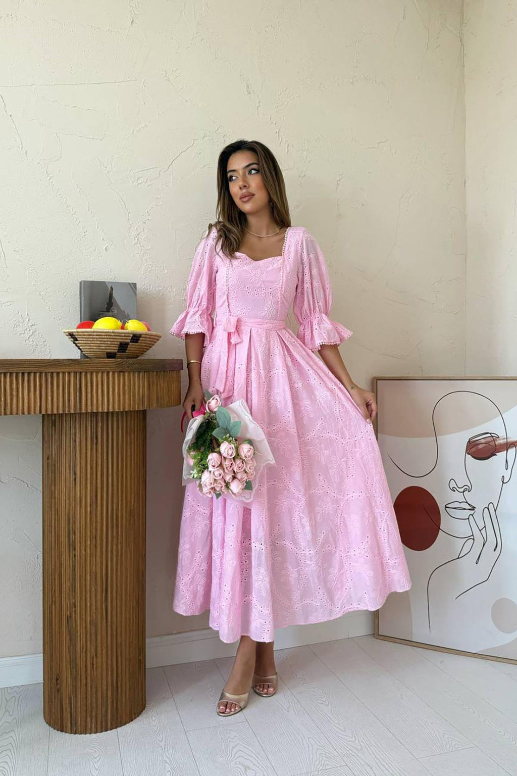 PINK EMBROIDERED MAXI DRESS WITH ELASTIC SLEEVES