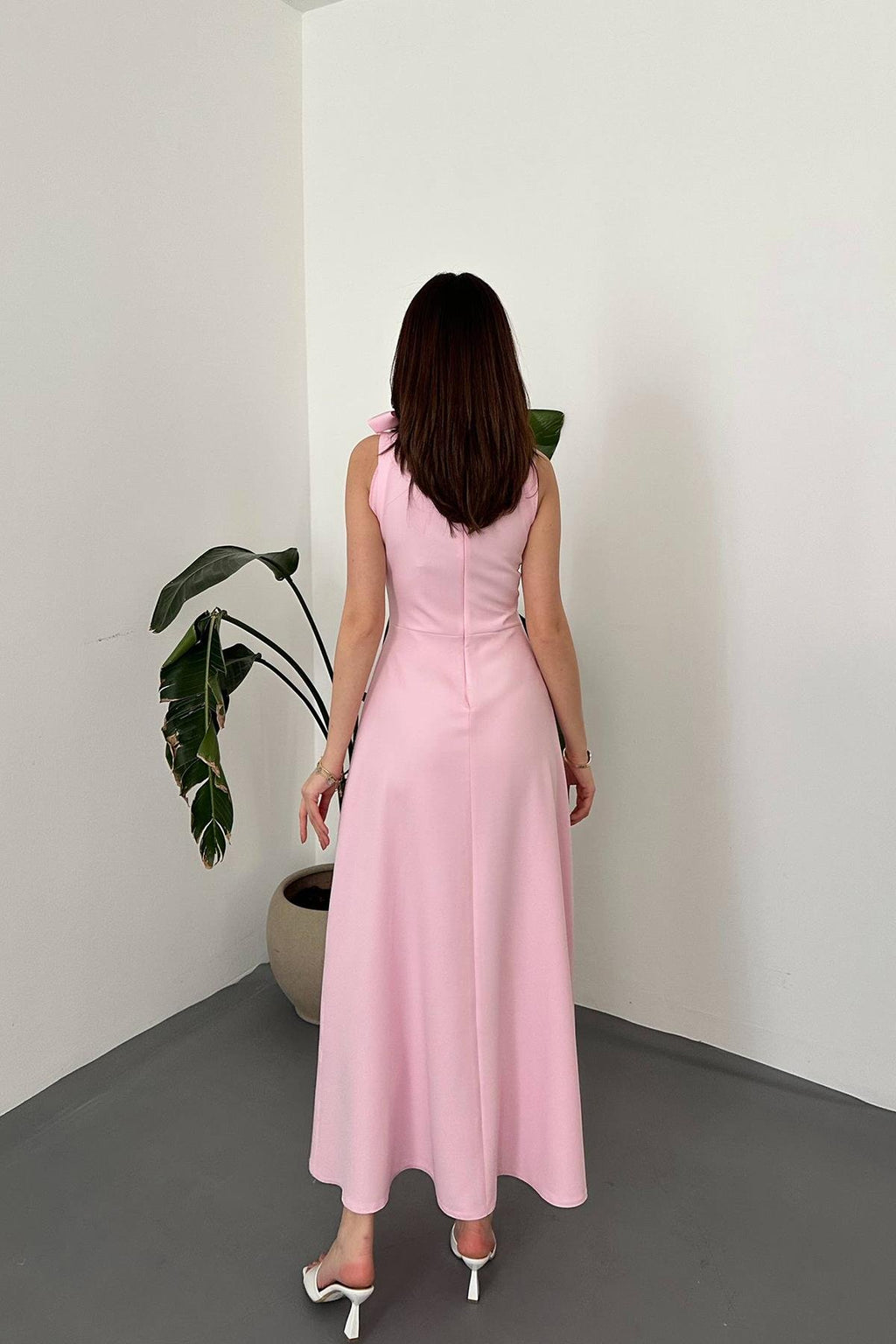 PINK COLLARED MAXI DRESS WITH BOW DETAIL
