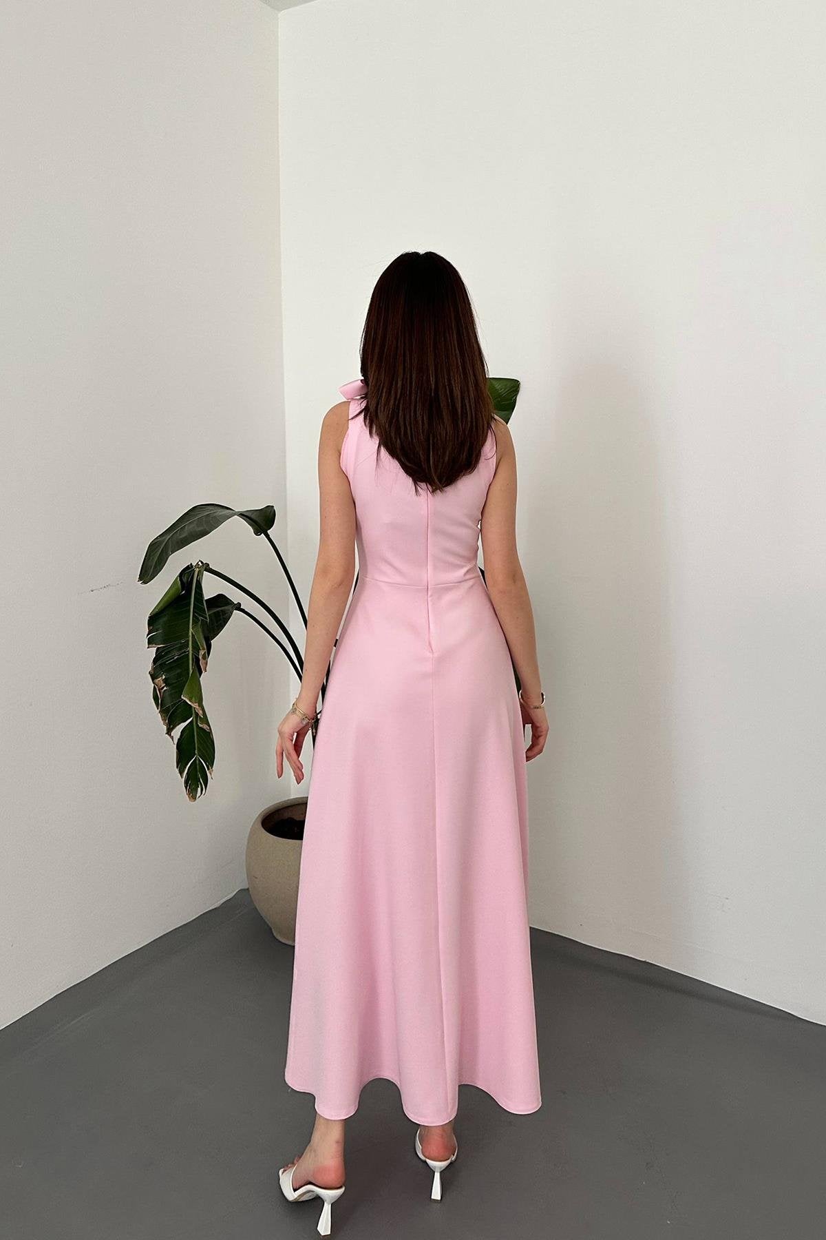 PINK COLLARED MAXI DRESS WITH BOW DETAIL