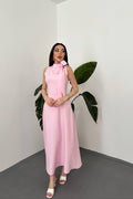 PINK COLLARED MAXI DRESS WITH BOW DETAIL