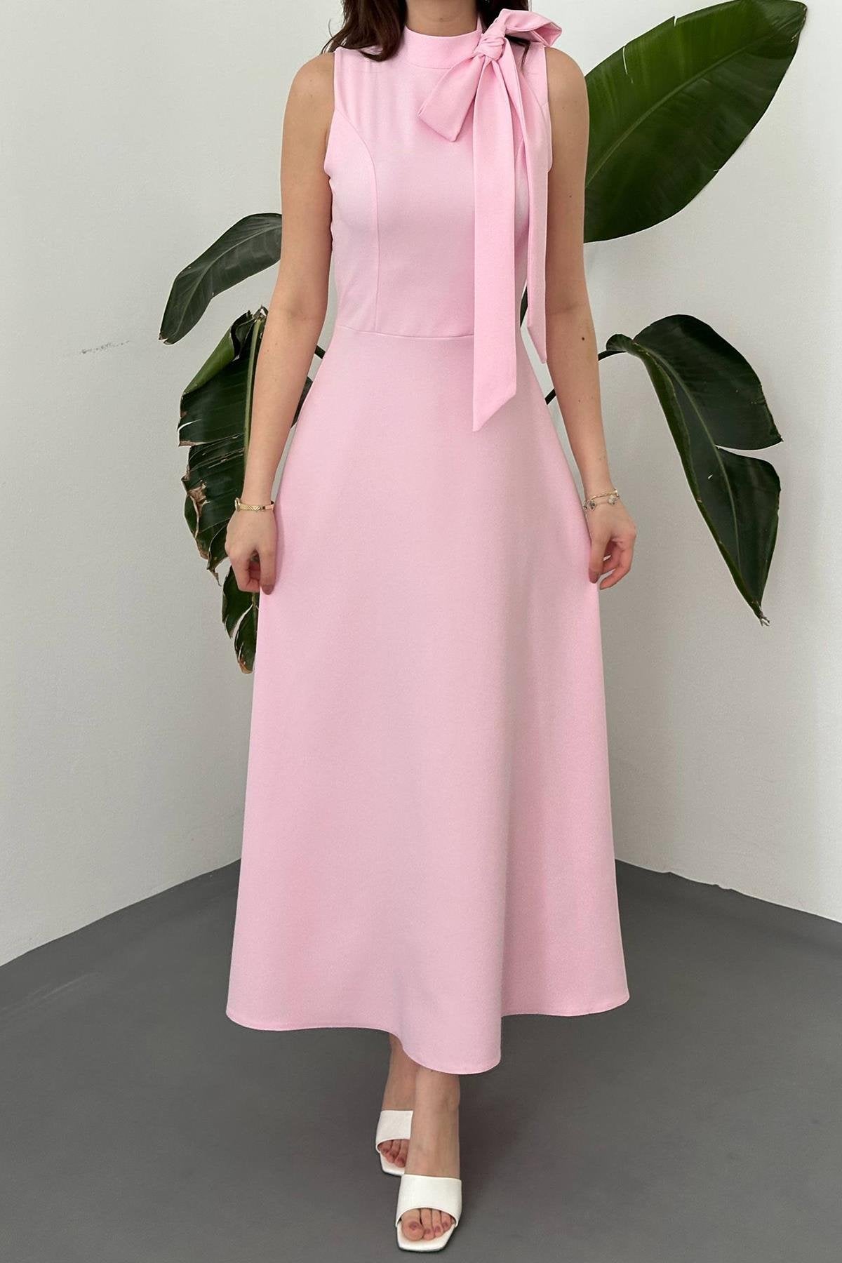 PINK COLLARED MAXI DRESS WITH BOW DETAIL