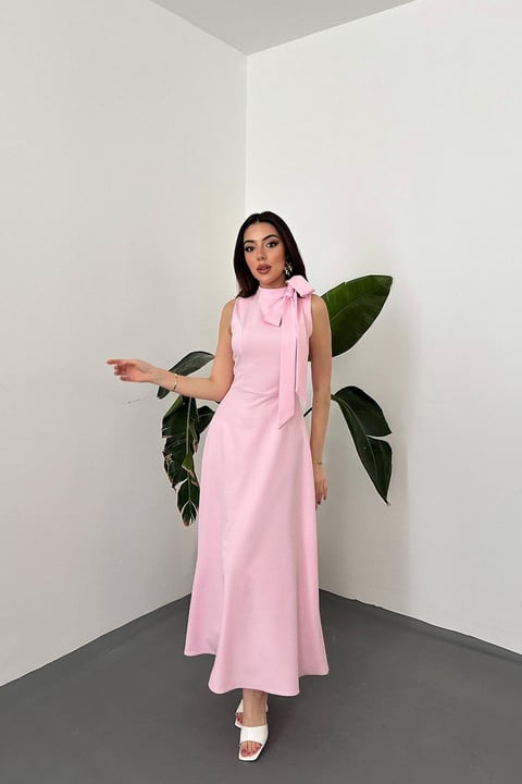 PINK COLLARED MAXI DRESS WITH BOW DETAIL
