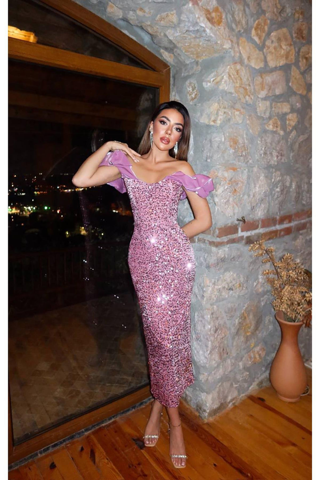 POWDER PINK SLEEVELESS SEQUIN MAXI DRESS