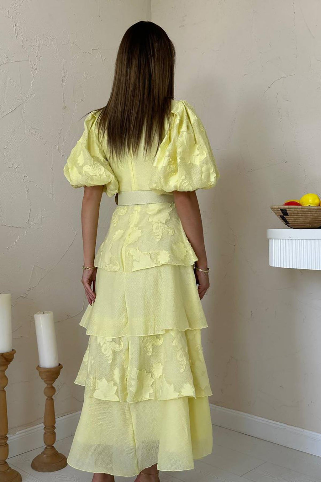 YELLOW BALLOON SLEEVE LAYERED MAXI DRESS