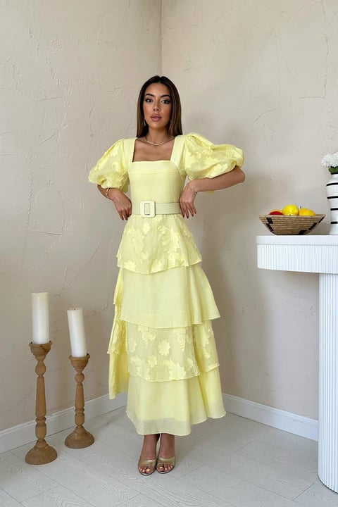 YELLOW BALLOON SLEEVE LAYERED MAXI DRESS