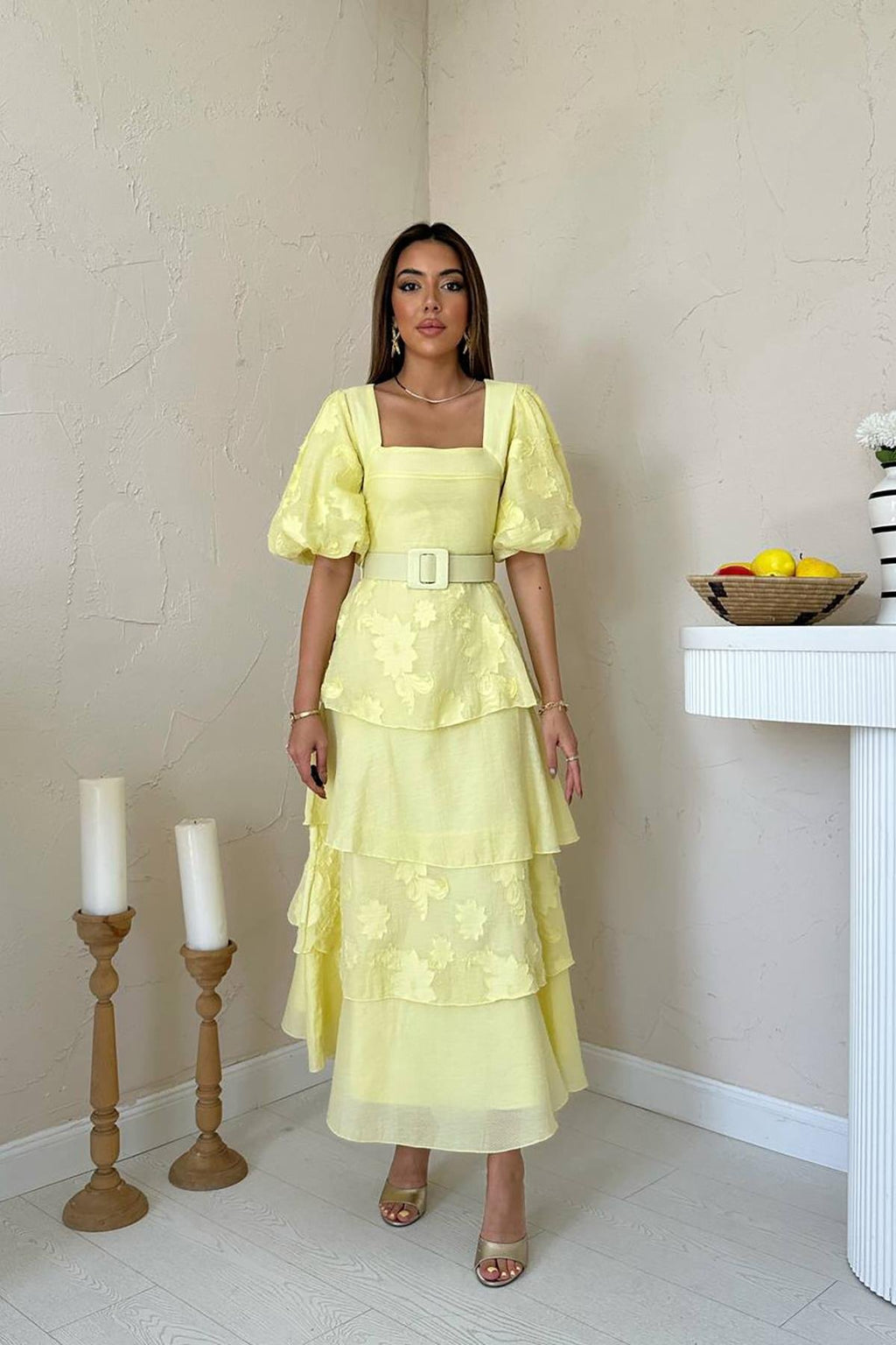 YELLOW BALLOON SLEEVE LAYERED MAXI DRESS