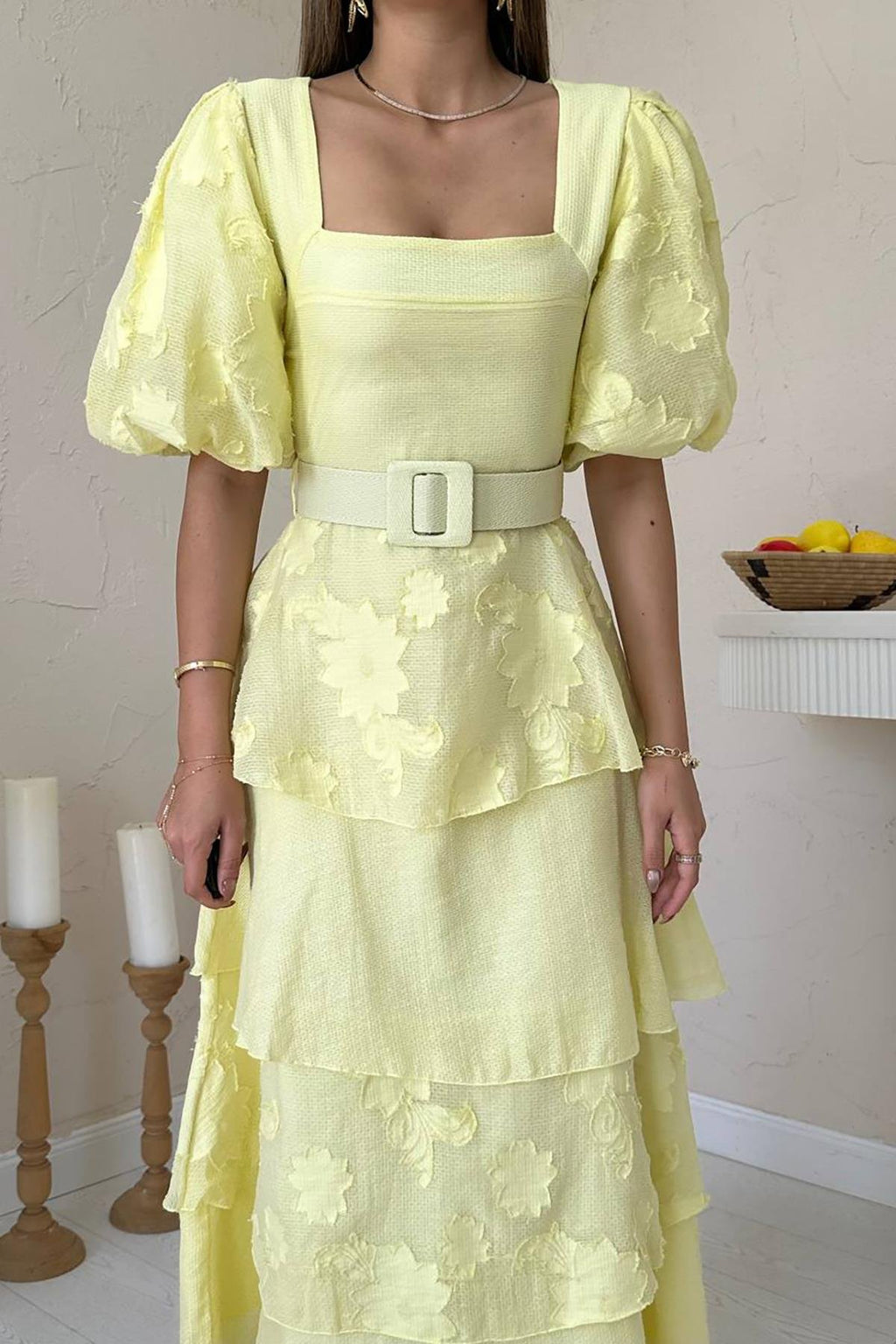 YELLOW BALLOON SLEEVE LAYERED MAXI DRESS