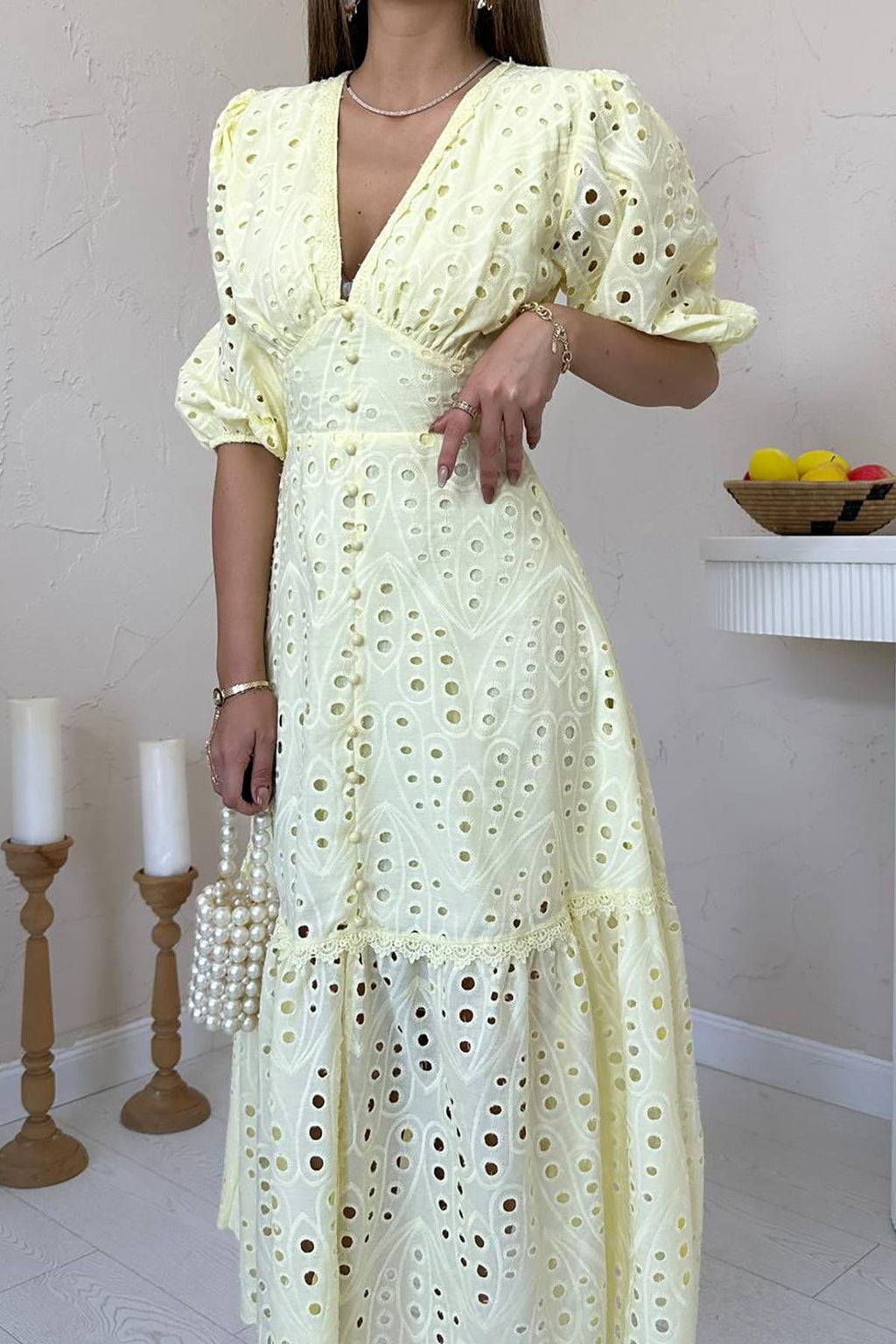YELLOW LACE EMBROIDERED MAXI DRESS