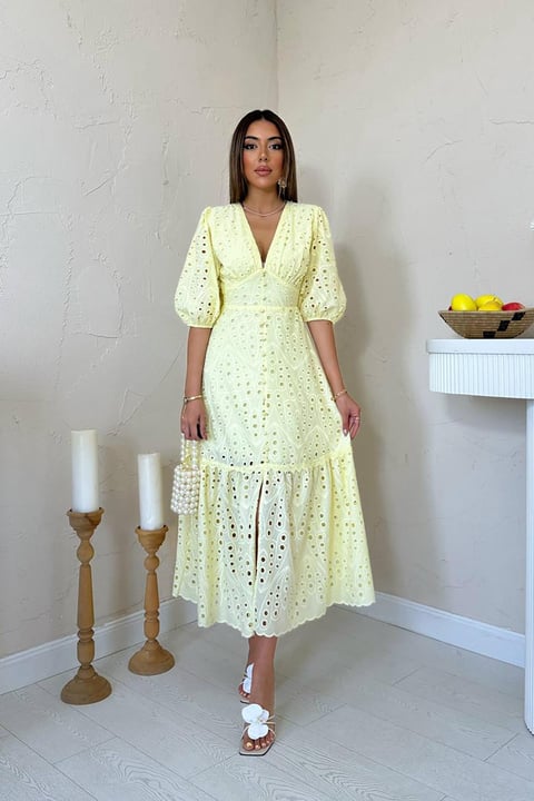 YELLOW LACE EMBROIDERED MAXI DRESS