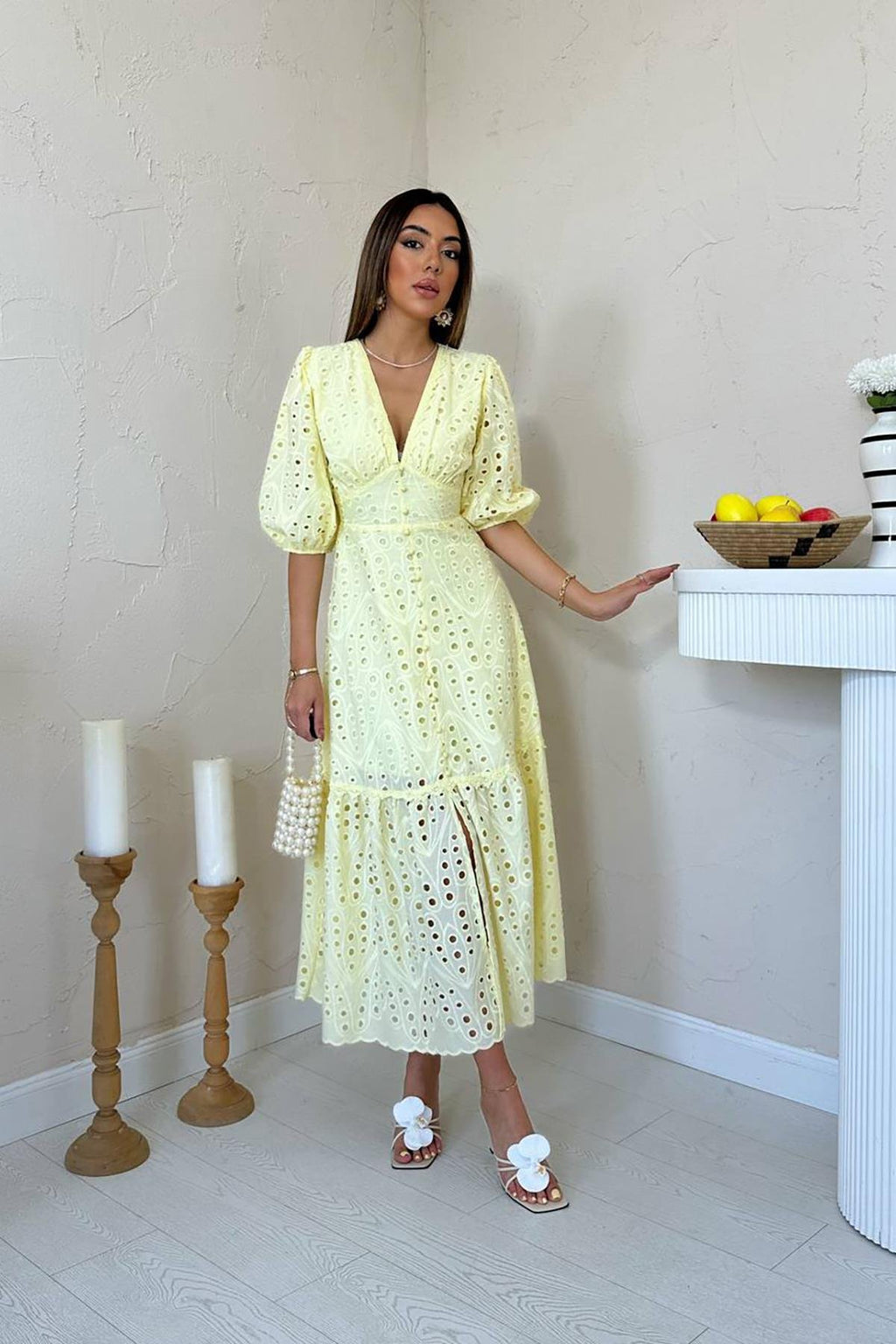YELLOW LACE EMBROIDERED MAXI DRESS