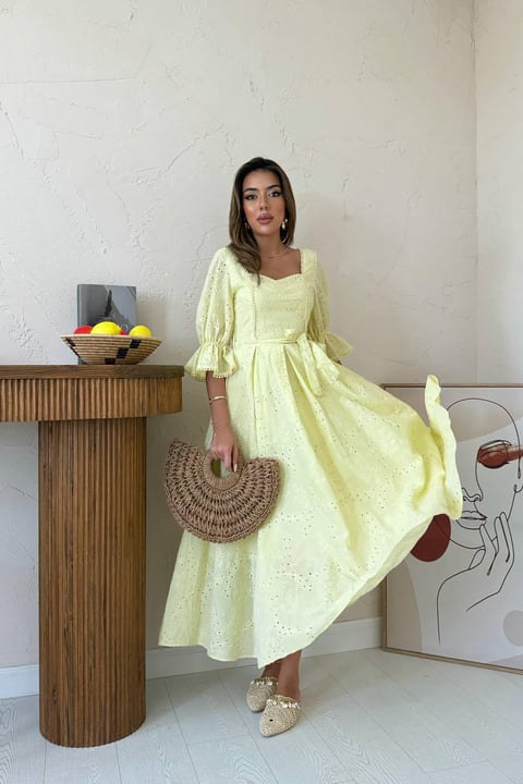 YELLOW EMBROIDERED MAXI DRESS WITH ELASTIC SLEEVES