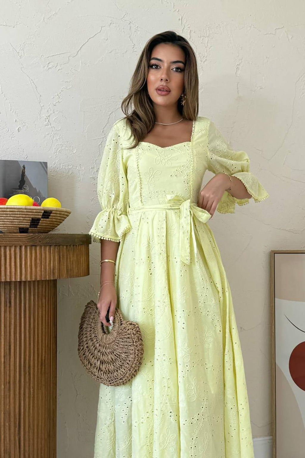 YELLOW EMBROIDERED MAXI DRESS WITH ELASTIC SLEEVES