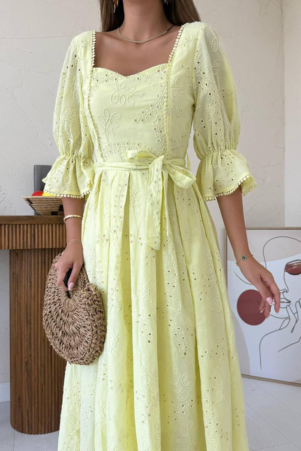 YELLOW EMBROIDERED MAXI DRESS WITH ELASTIC SLEEVES