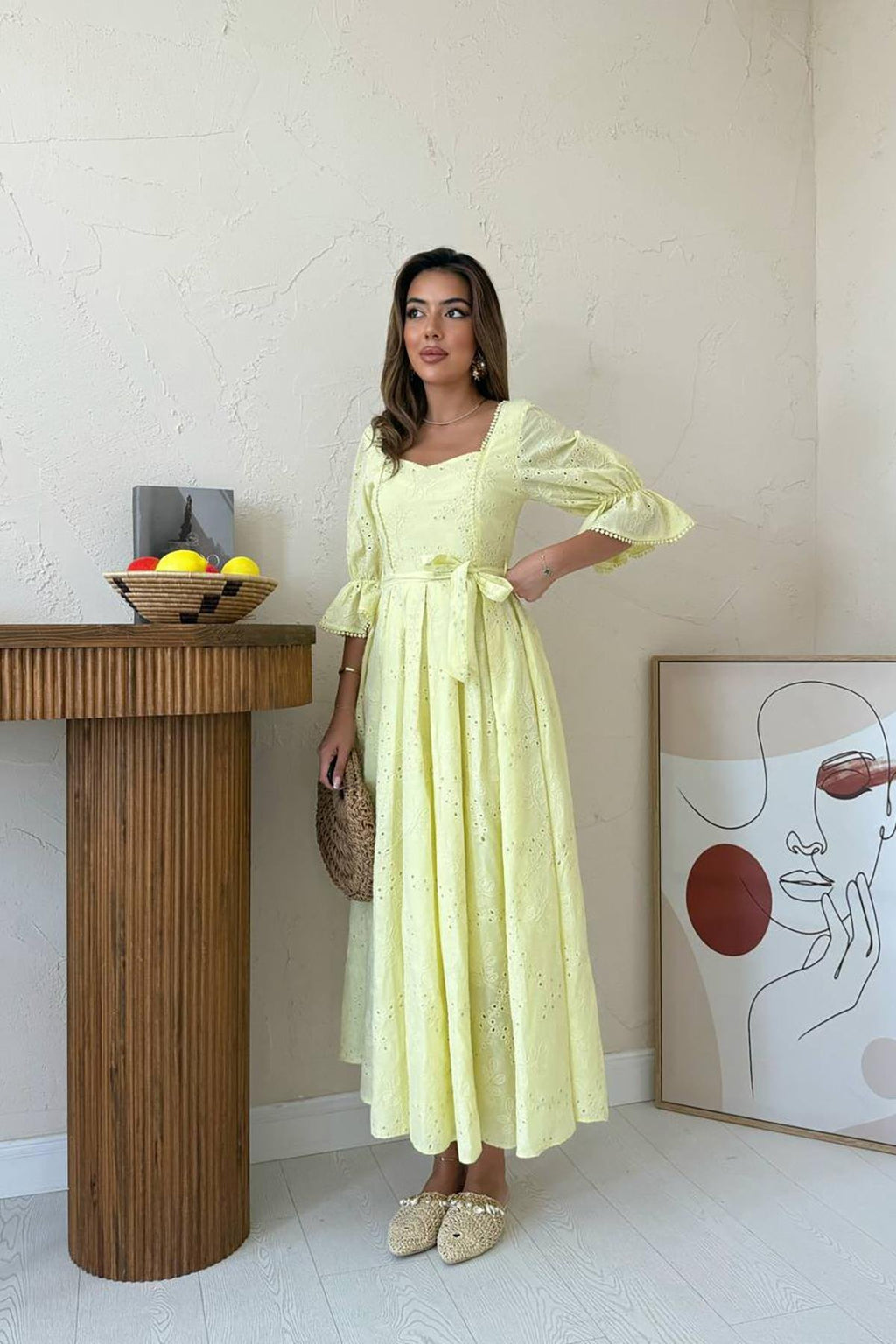 YELLOW EMBROIDERED MAXI DRESS WITH ELASTIC SLEEVES