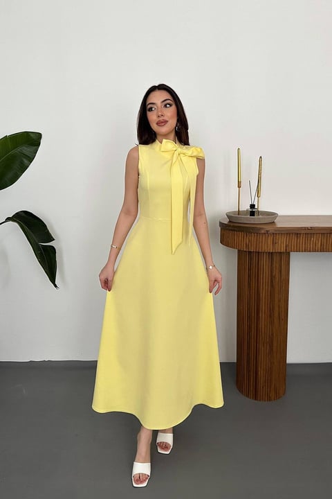 YELLOW COLLARED MAXI DRESS WITH BOW DETAIL