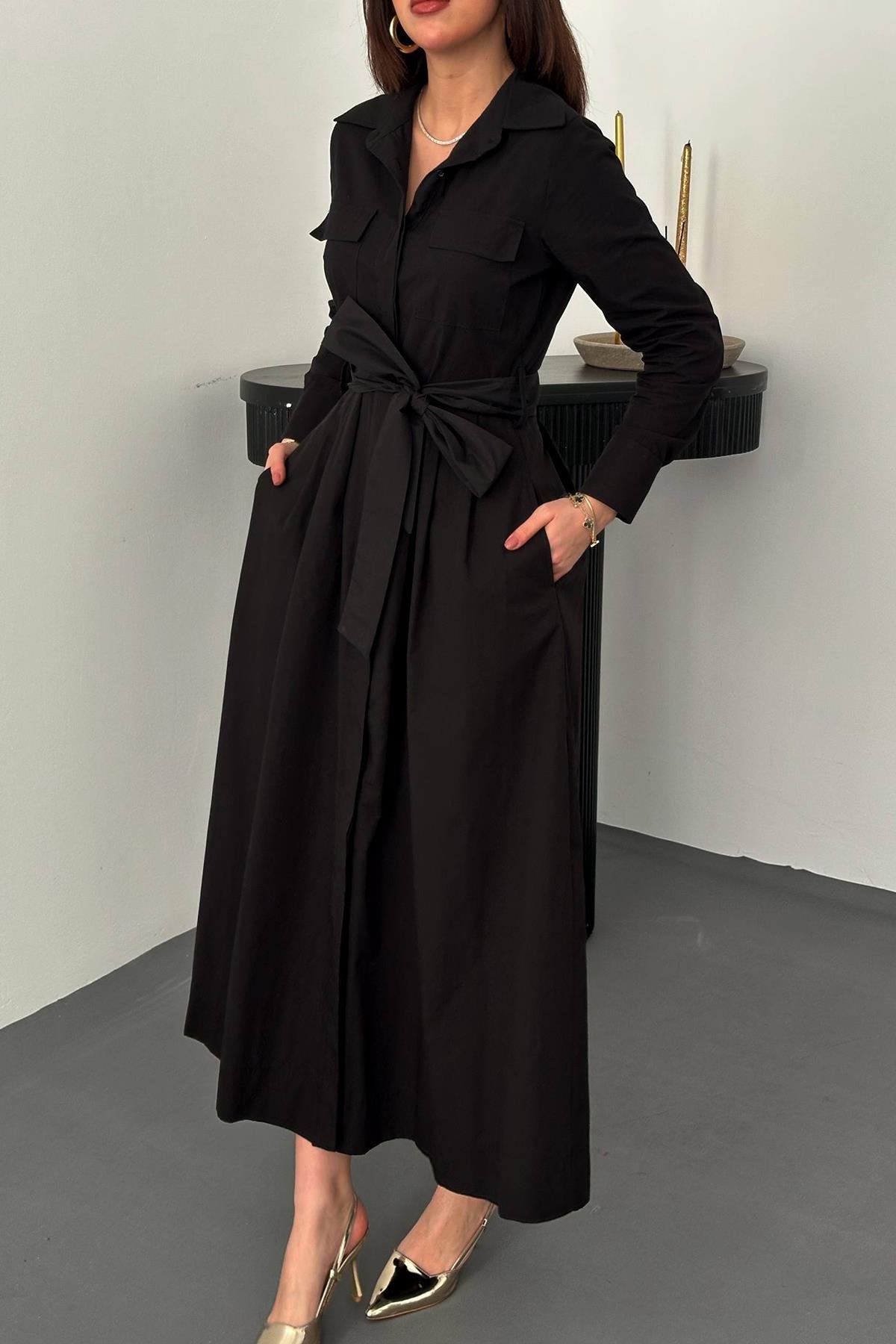BLACK BUTTON-DOWN POPLIN MIDI DRESS