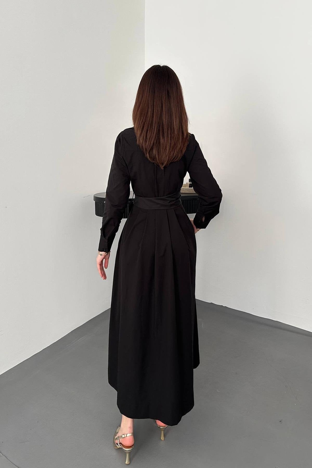 BLACK BUTTON-DOWN POPLIN MIDI DRESS